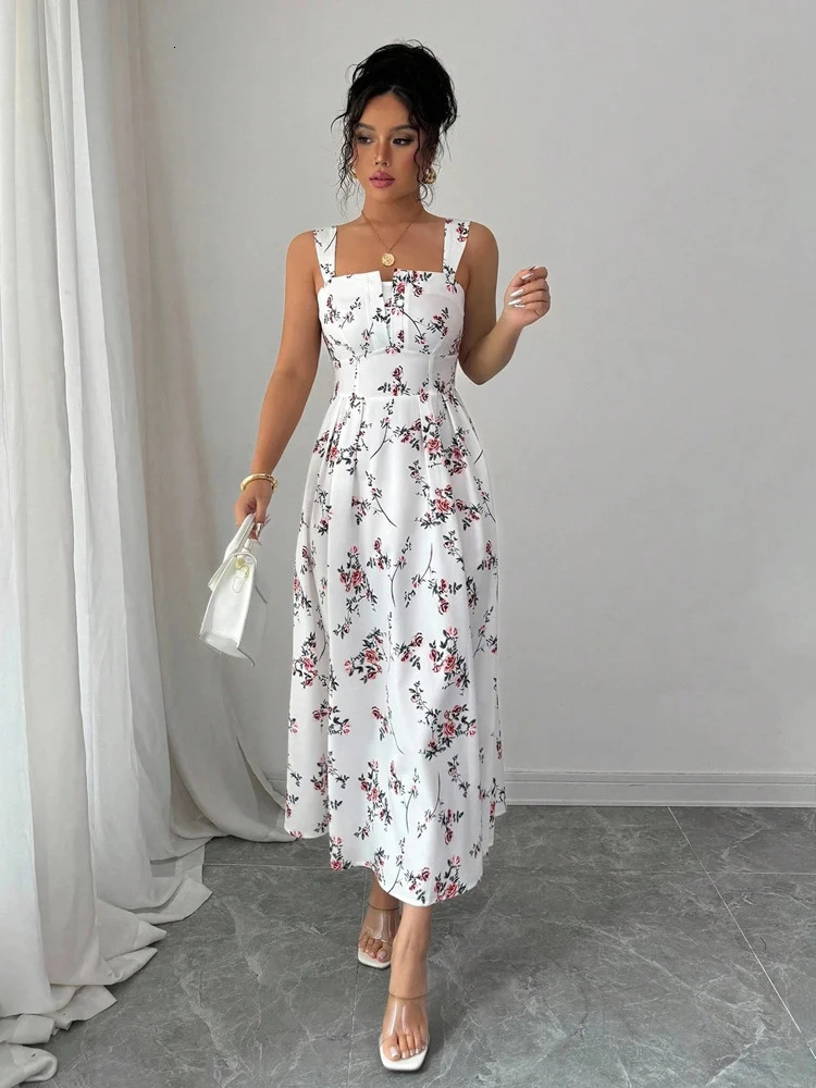 Summer Womens Printed DressSleeveless DressesFloral DressesBackless DressesElegant Dresses For LadiesWhite Dresses 260104