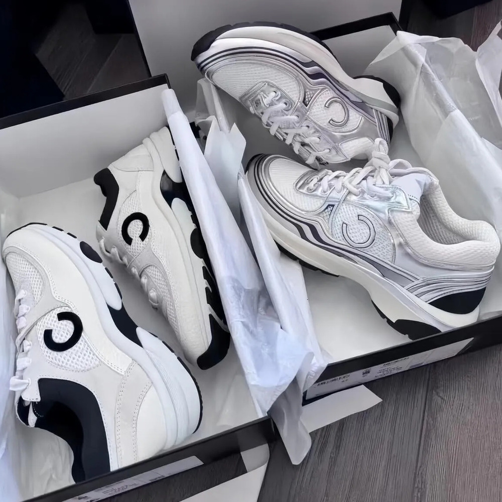 Designer Running CCity Shoes Leather Sport Runner Lace Up Sneakers Chan Shoe Gold Silver Metallic Flat Womans Trainer Mesh Calfskin Nylon Reflective