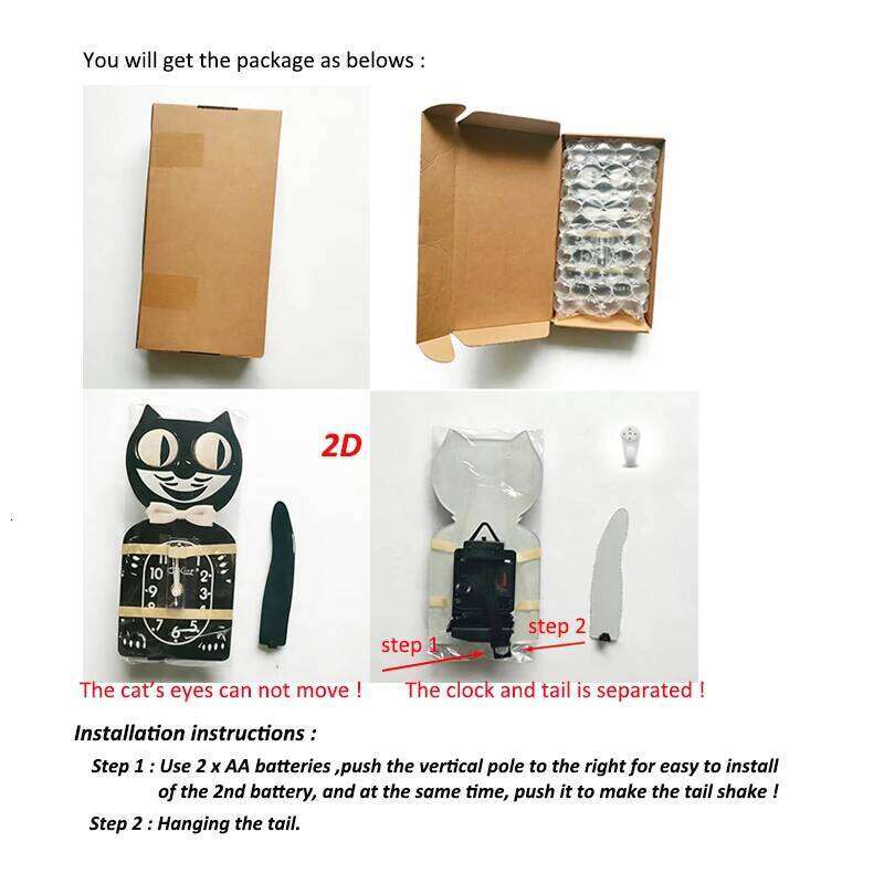 Cartoon Tail Swinging Cute Cat Wall Decoration Black Brief Clocks Glass Mirror Surface 2D Silent Clock 26H0105