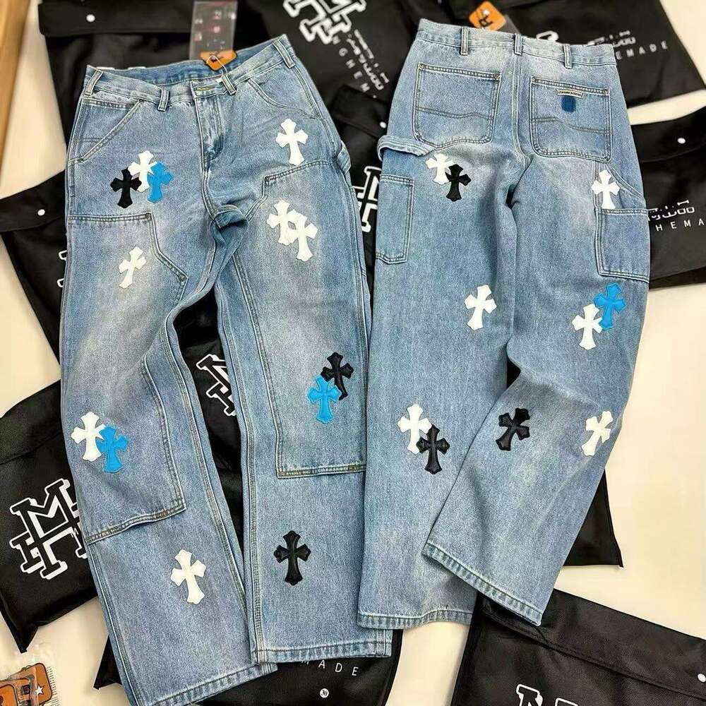 Double Knee Cross Patch Leather Version Logging Straight-Leg Sanskrit Work Pants Unisex