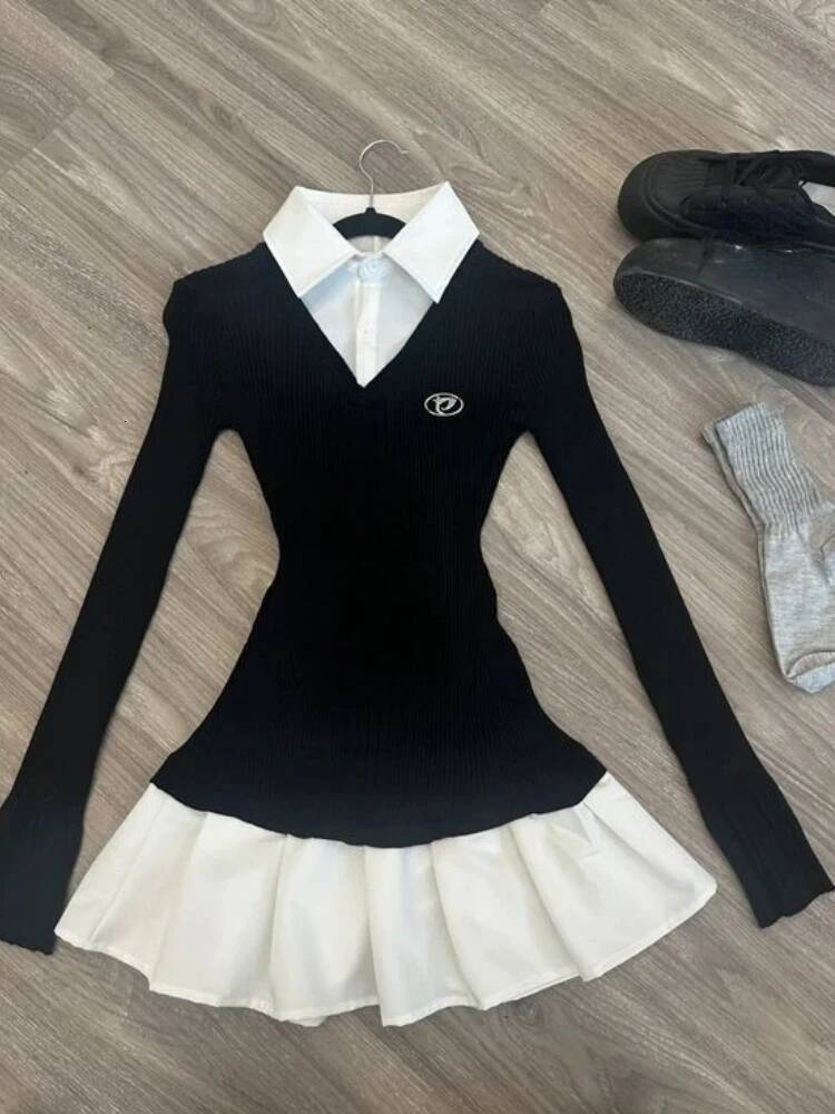 Bestseller American Vintage Shirt Long Sleeve Mini Dresses Women Clothing Slim Fit Polo Neck Black Short Party Dress Korean Fashion Autumn ddmytues