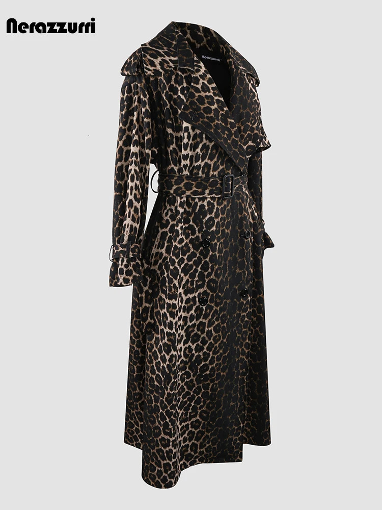 Nerazzurri Autumn Long Oversized Leopard Print Trench Coat for Women with Back High Slit Double Breasted European Fashion 251231