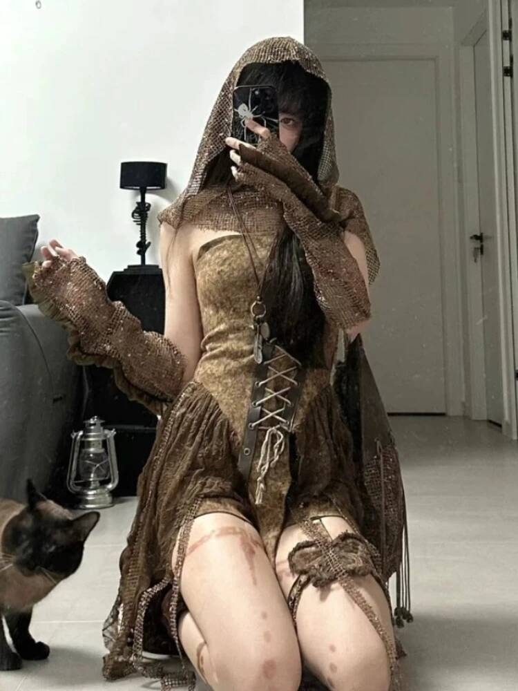 Bestseller Gothic Brown Vintage 3 Piece Set Women Sexy Lace Y2k Beach Party Mini Skirt Suit Fashion Retro Design Outfits Spring New 2025 ddmytues