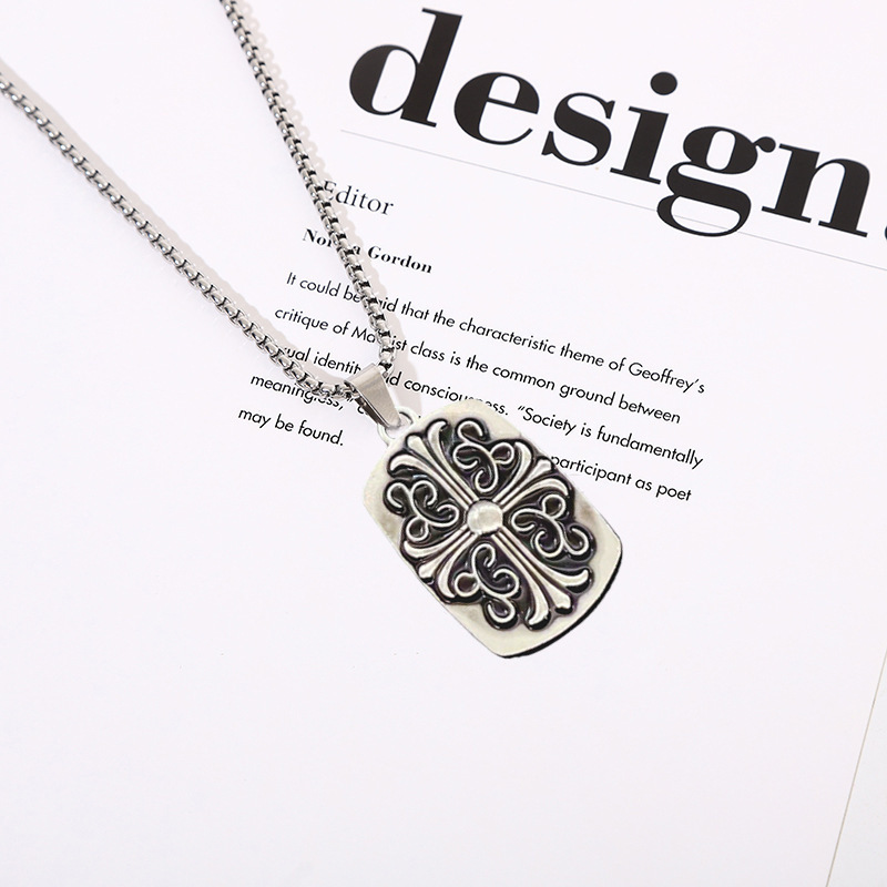 2026 New Arrival Men's Hip-Hop Necklace | Retro Polished Metal Square Pendant with Cross Pattern & Pearl Chain | Minimalist Cool Style | Bulk Wholesale for Resale