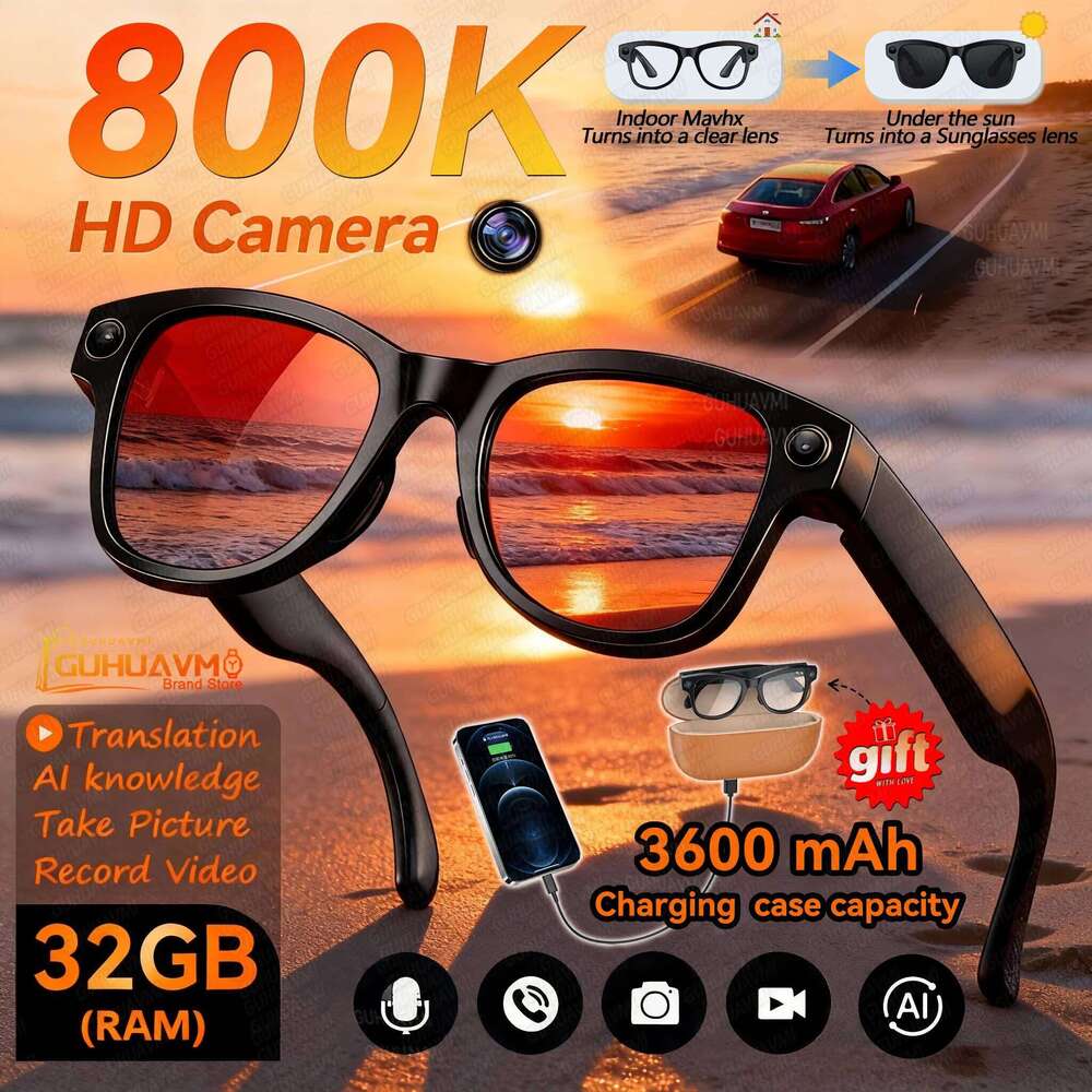 2026New 800W 4K Camera Smart Glasses Men 3600mAh Power Real-timeTranslation Bank 32GB Photo Record Videos Music Sunglasses Women FREEHONG