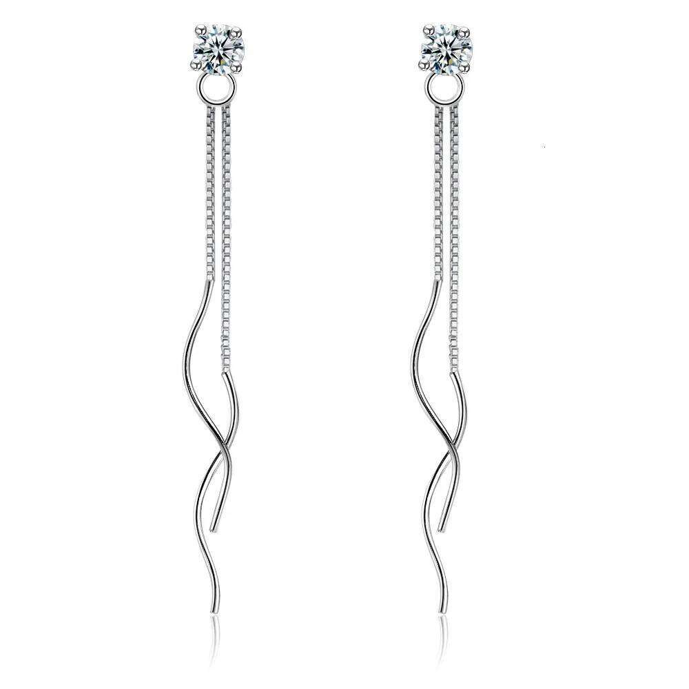925 Sterling Silver Water Ripple Chain Four Claw Zircons Earrings Ladies Fashion Simple Birthday Wedding Jewelry Gift
