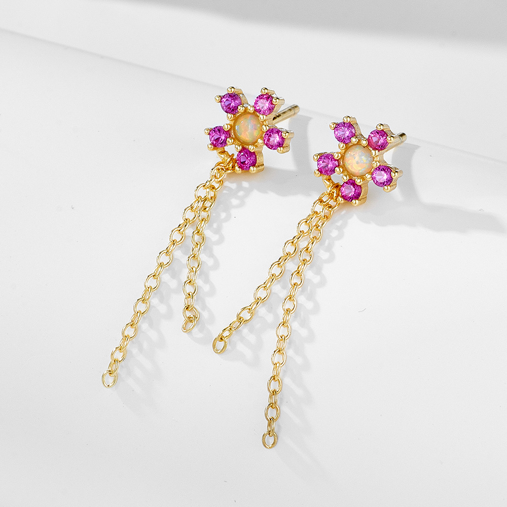 S925 Sterling Silver Inlaid Diamond Chain Tassel Elegant Versatile Opal Flower Internet Celebrity Fashion Light Luxury Earrings Studs