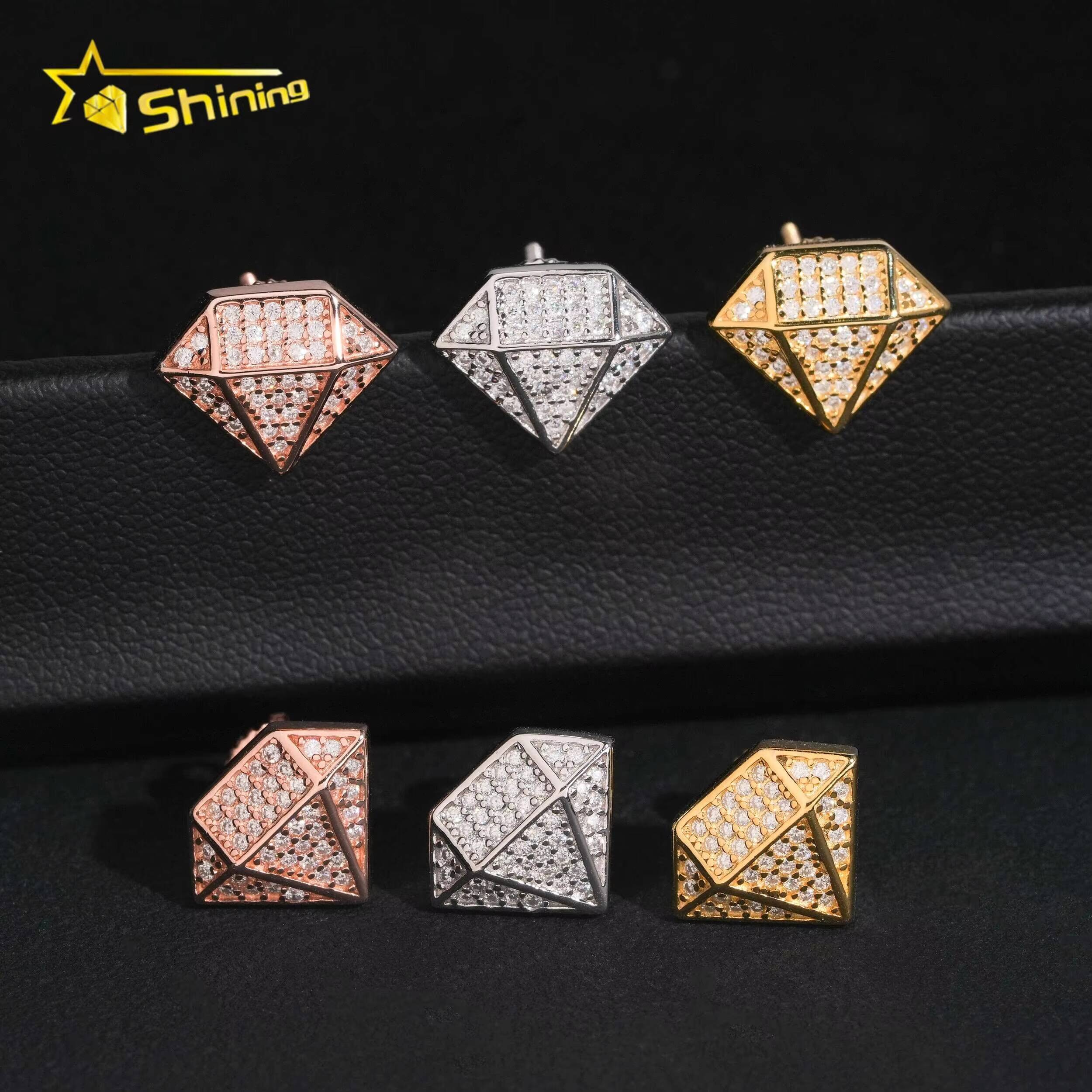 Fine Jewelry Bling Iced Out 925 Silver Diamond Shape Hip Hop Mens VVS Moissanite Earrings
