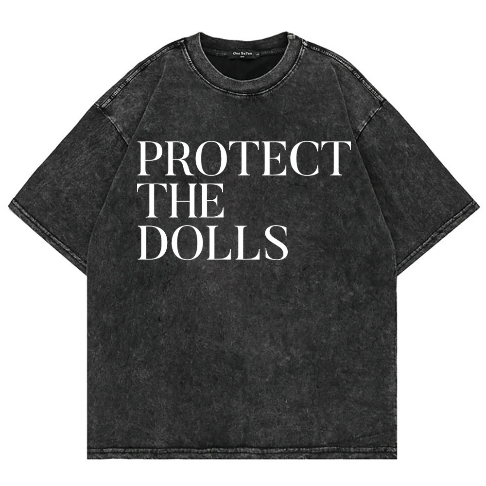 100 Cotton Vintage Washed Protect The Dolls T Shirt Fashion Men Letter Print T-Shirt Unisex High Quality Wash Tees Shirts 260104