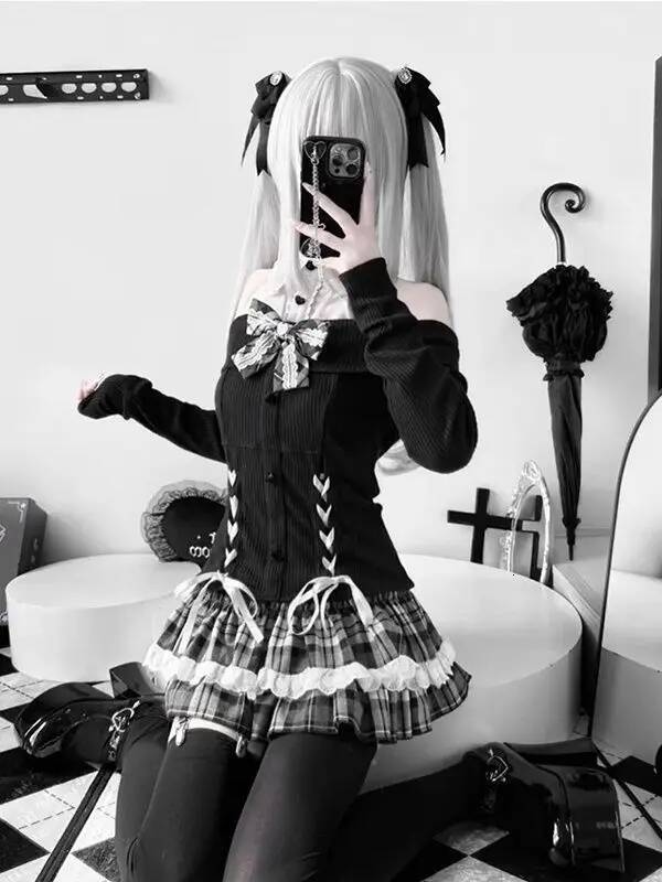 Bestseller Japanese Y2K Sweet Cool Style Bow Waist Tops Plaid Skirt Subculture Two-Piece Set Women's Daily Wear Autumn Fashion Outfit ddmytues