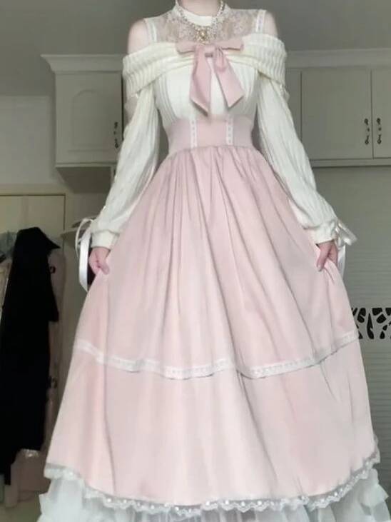 Bestseller Off-Shoulder White Lolita Lace Trim Bow Style Sweet Party 2025 Autumn Daily Wear Outfit Women Cute Midi Dress New ddmytues