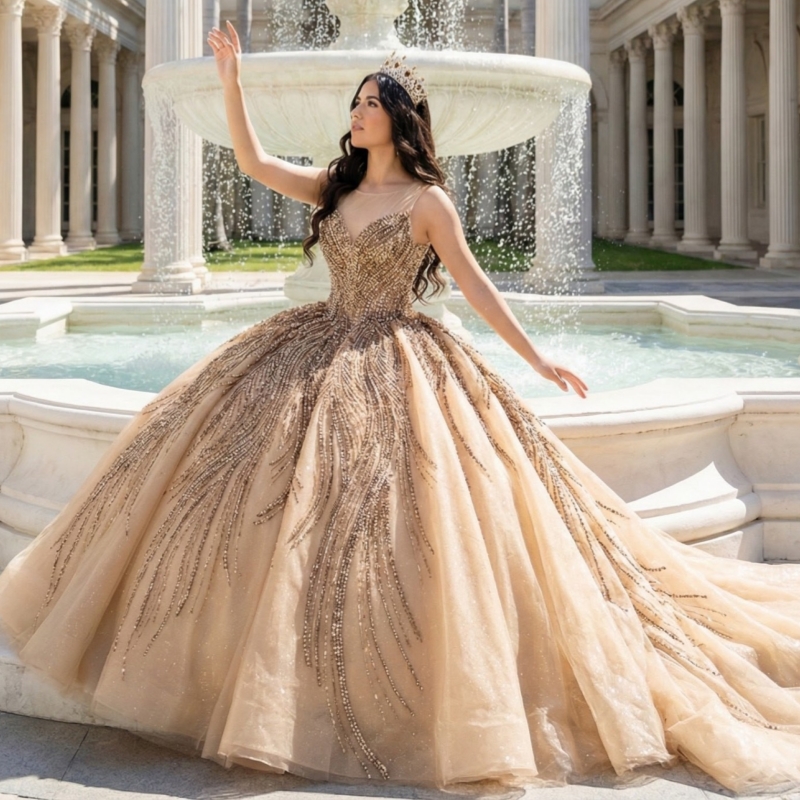 Champagne Shiny Quinceanera Dresses Off Shoulder Ball Gown Sweet 16 Dress Beading Crystal Tull Birthday Party Vestidos 15 De Anos