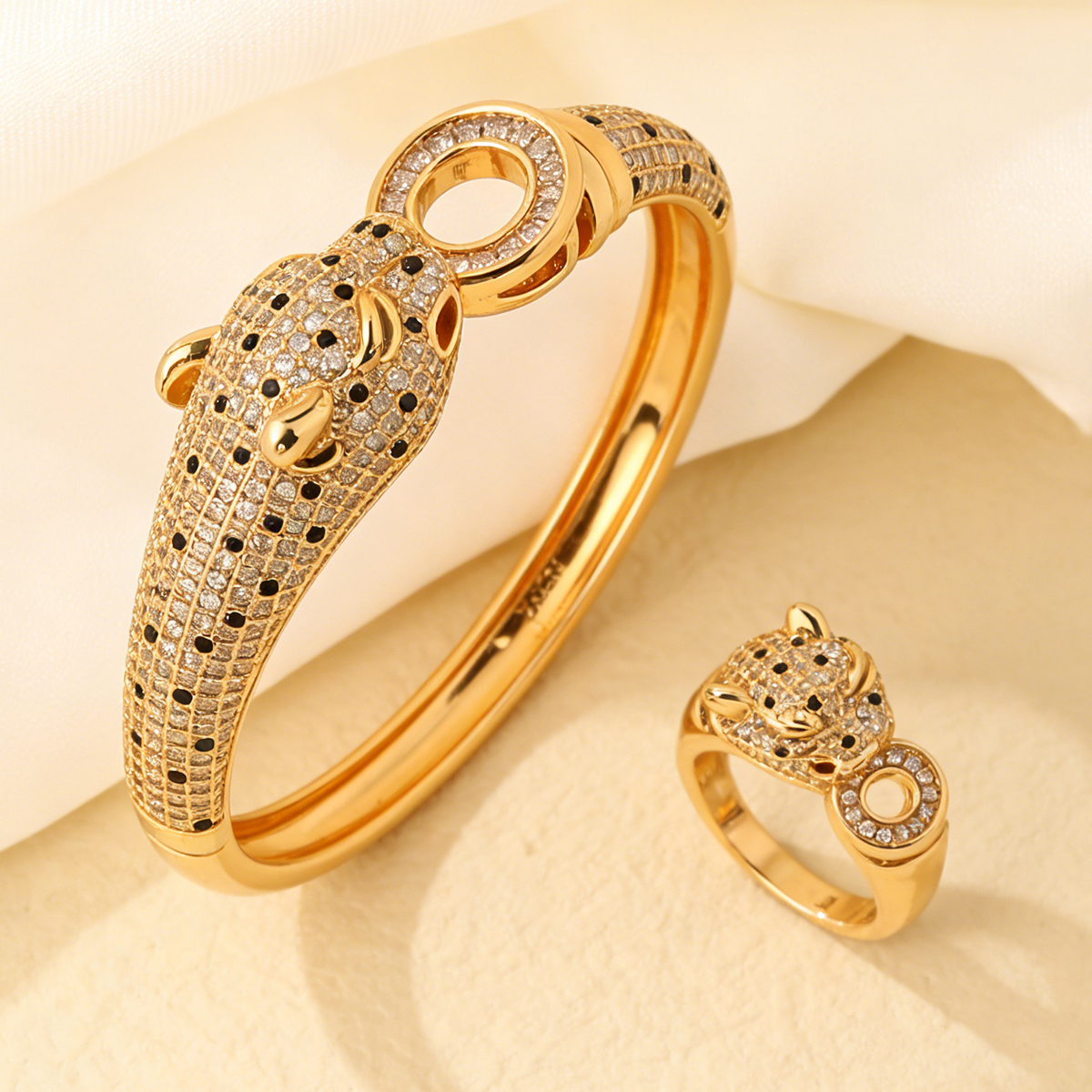 Leopard Print Jewelry Set: Gold-Plated Bracelet & Ring with Full Diamond Accents, Luxury European Style for Parties & Daily Wear