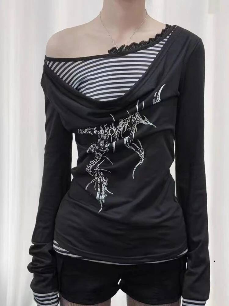 Bestseller Vintage Women Fake Two Pieces Retro Long Sleeve T-shirt Slim Fit Subculture Base Layer Fashion Casual Tops Spring New ddmytues