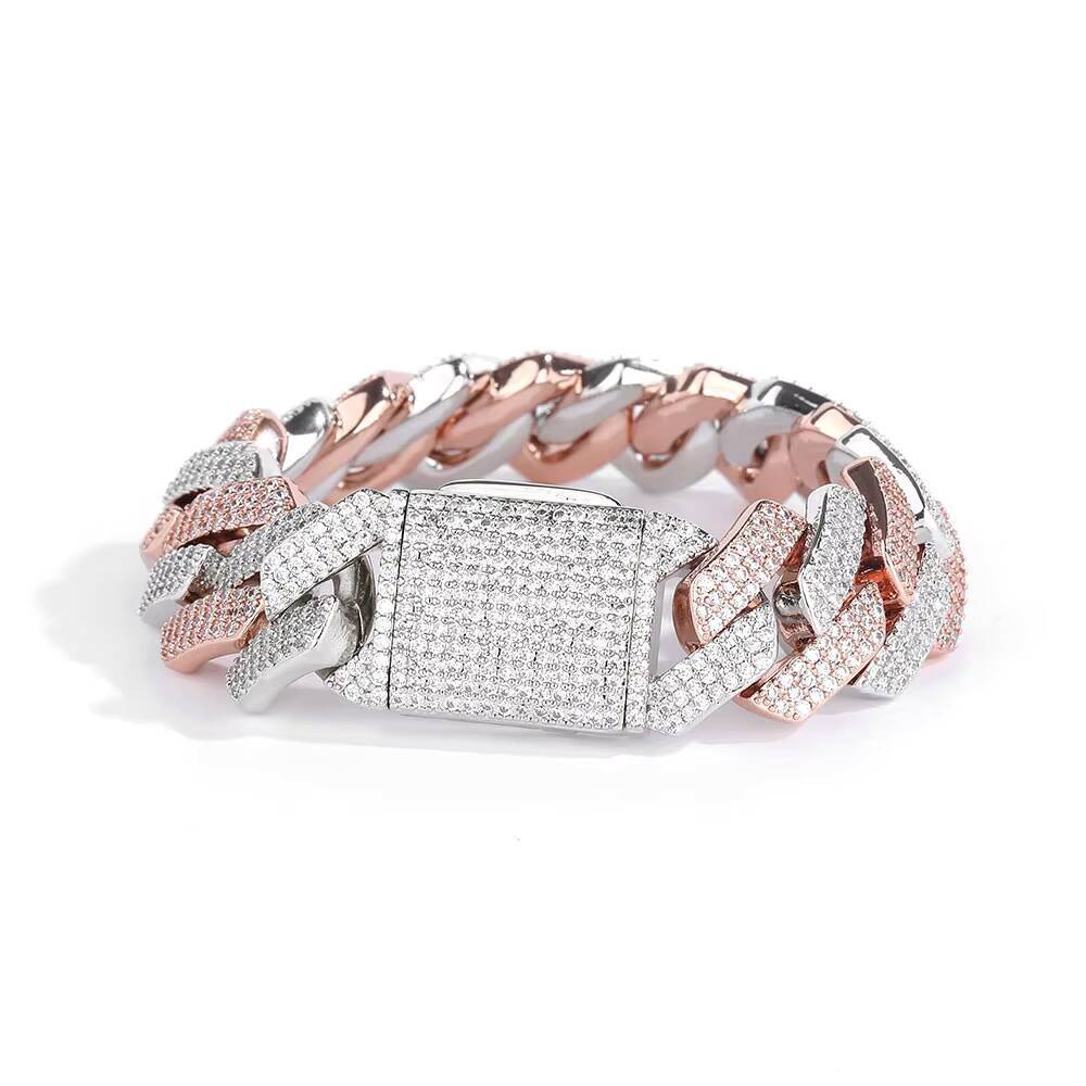 20mm Pink Silver Gold Plated Cuban Link Brass Chain Hip Hop Iced Out Diamond Bracelet Necklace Fine Jewelry for Men and Women