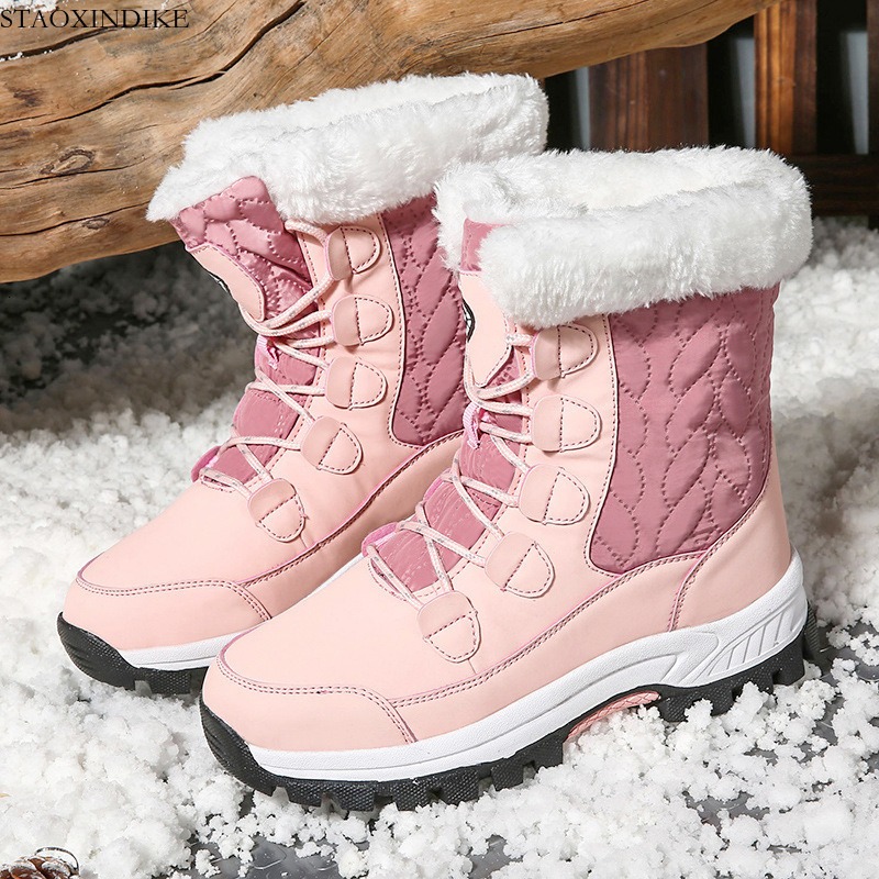 STAOXINDIKE Winter Fleece-Lined Warm Cotton Shoes Mid-Calf Snow Boots Hiking Skiing High-Top Sports Shoes Northeast Large Size Women's Boots Cross-Border