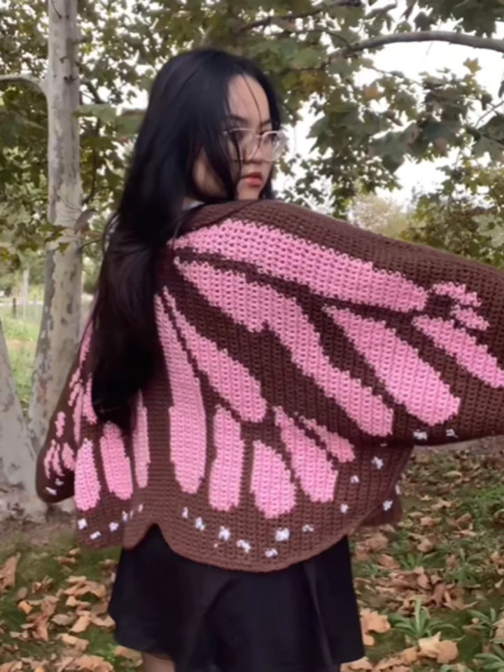 Butterfly Shaped Knitted Cardigan For Women V Neck Crochet Cape Knit Sweater Long Sleeve Single Breasted Coat Spring 260104