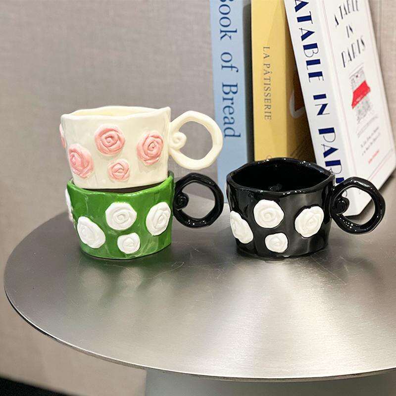 Couple's Mugs Gifts Souvenirs Rose Patterned Ceramic Cups For Women Exquisite Girly Style 3D Hand Painted Relief Design
