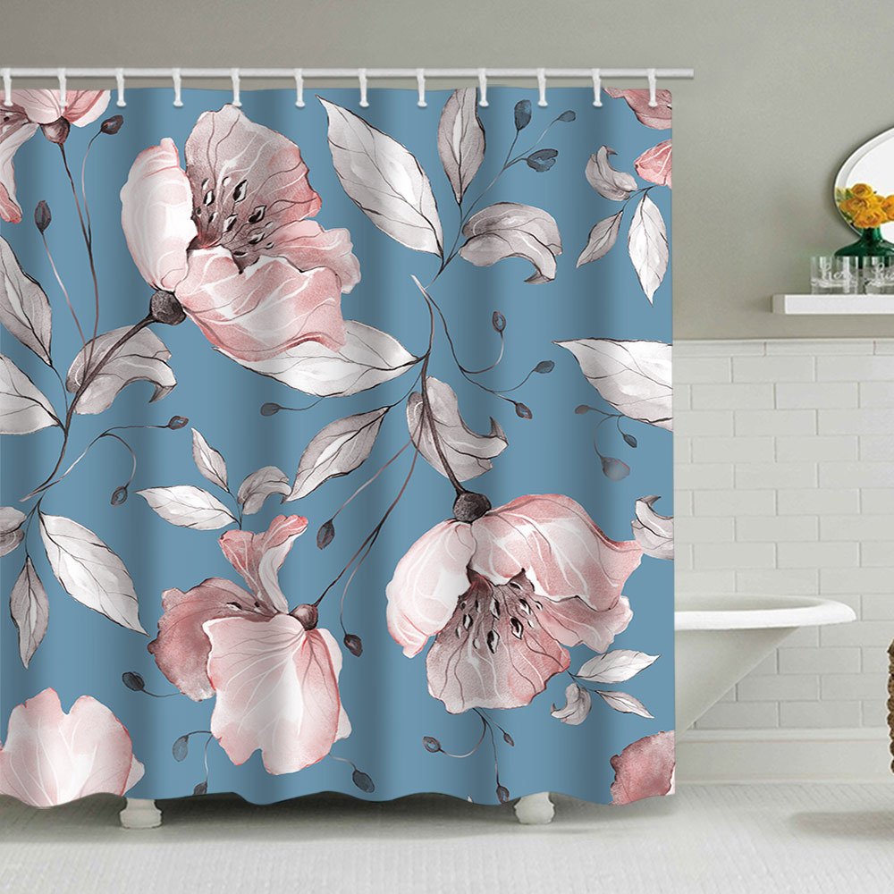 YL-38098 Floral Shower Curtain Set with Watercolor Floral Print Polyester Waterproof Shower Curtain and Bathroom Cover