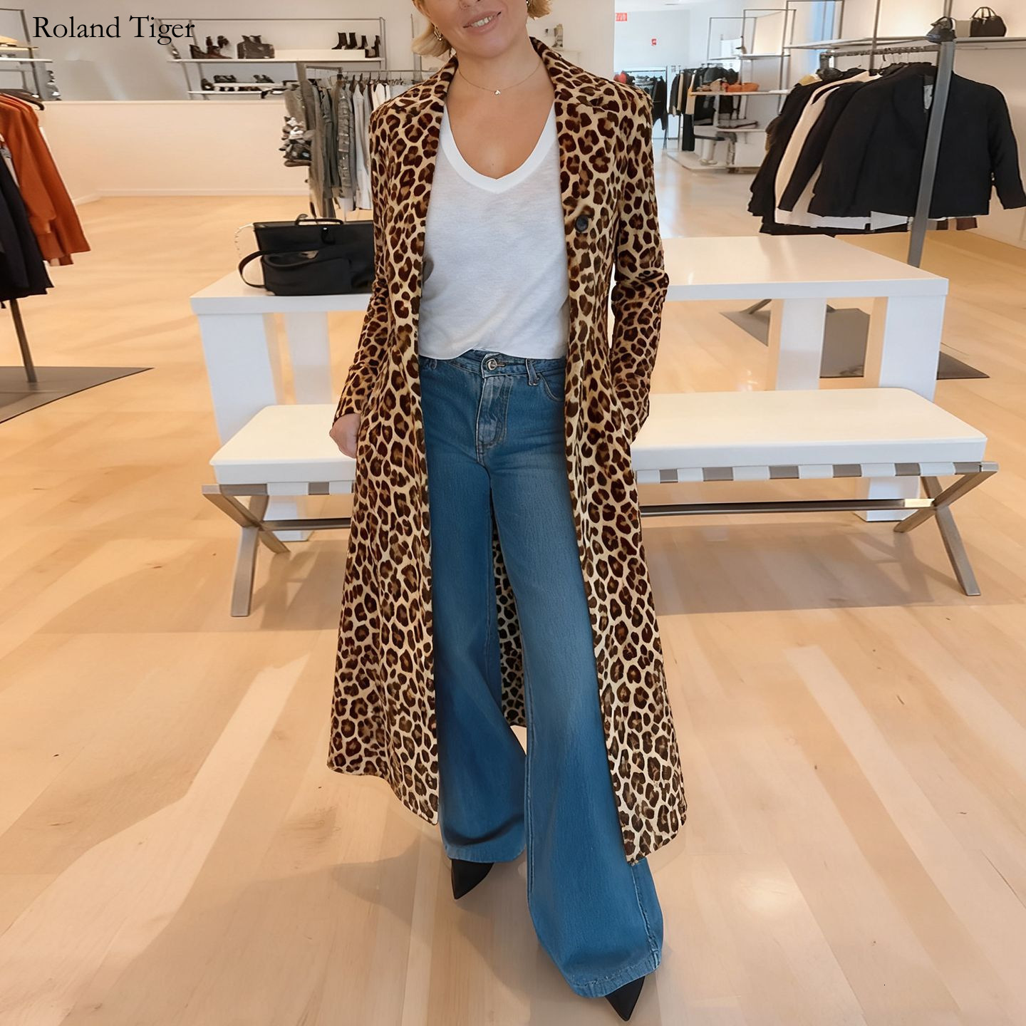 Roland Tiger 2025 Spring and Autumn New European and American Cross-Border Hot-Selling Women's Suit Collar Leopard Print Coat Casual Extended Trench Coat