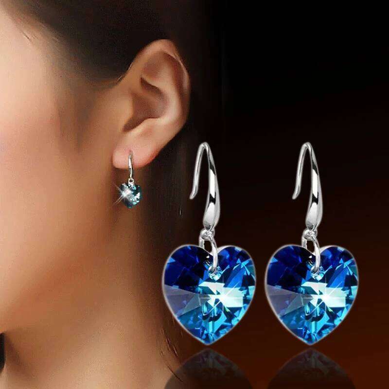 925 Sterling Silver Blue Heart Shaped Zircons Earrings Ladies Fashion Simple Birthday Wedding Anniversary Jewelry Gift