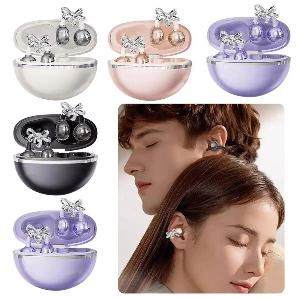 Clip-on Earbuds Wireless Bluetooth Open Ear Headphones with Detachable Crystal Bowknot Earrings Waterproof Fashion