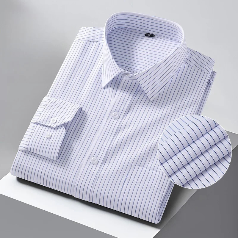 Men Formal Shirt Long Sleeve Office Solid Color Striped AntiWrinkle Fashion Business Pocket White Social Mens clothing 251230