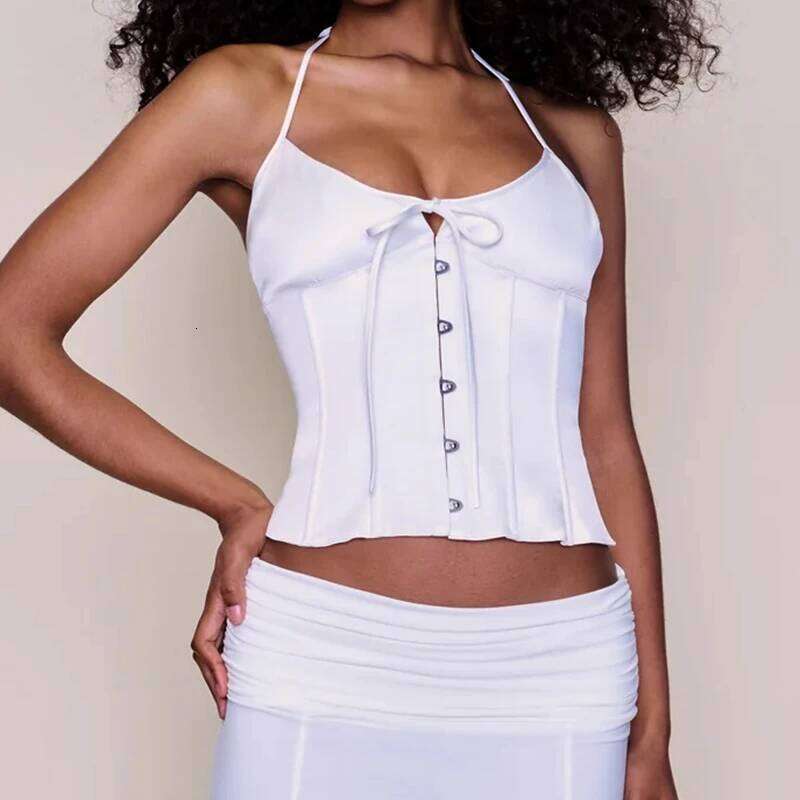 Women Solid Halter Neck Camisole Bodysuit Underwear Summer Front Button Corset Crop Tops Sexy Nigh Out Backless Tie Up Vest