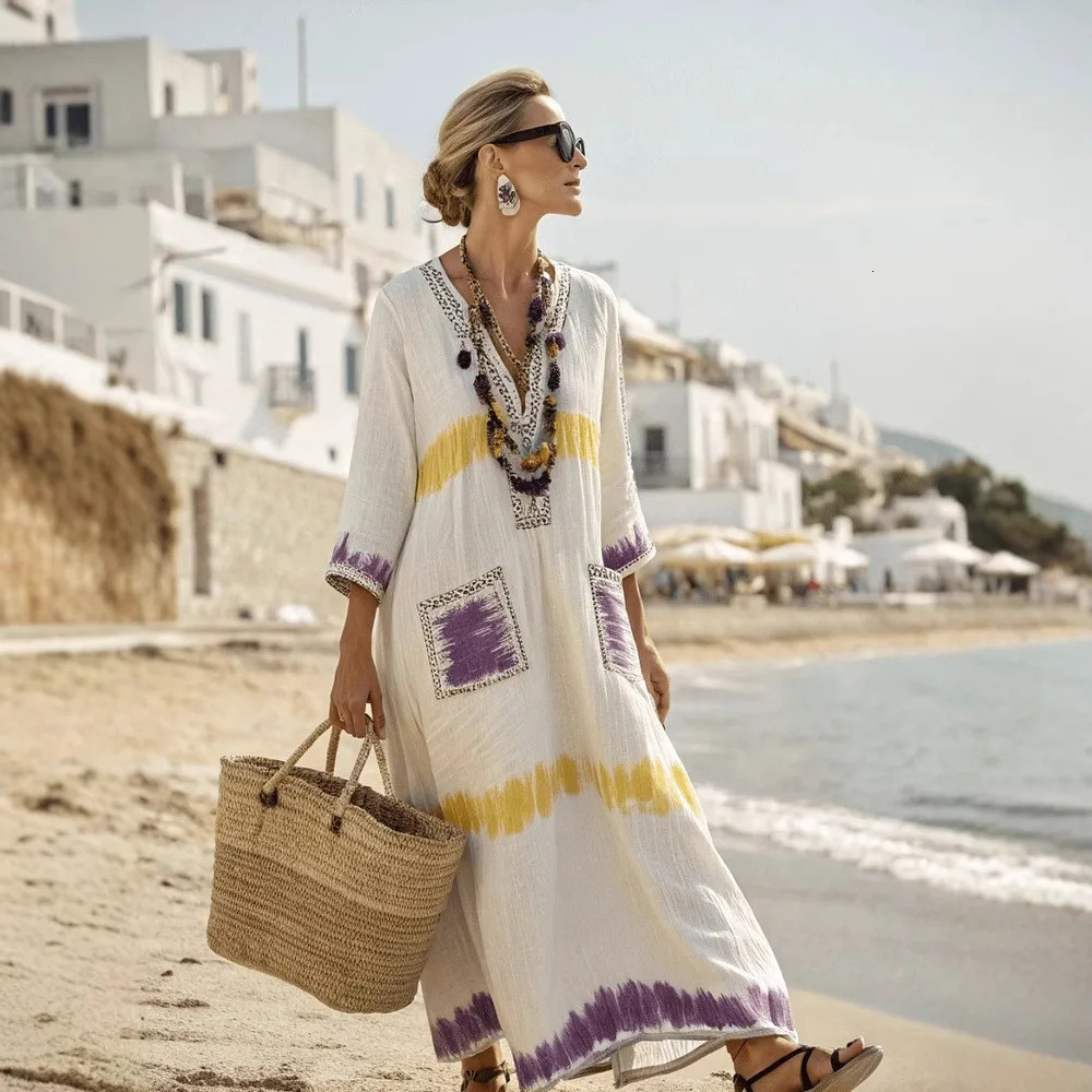 Summer Linen Printed Striped Loose Pocket Dress Womens Fashion Casual Elegant Women Beach Vacation Short Sleeved Sway Dress 260104