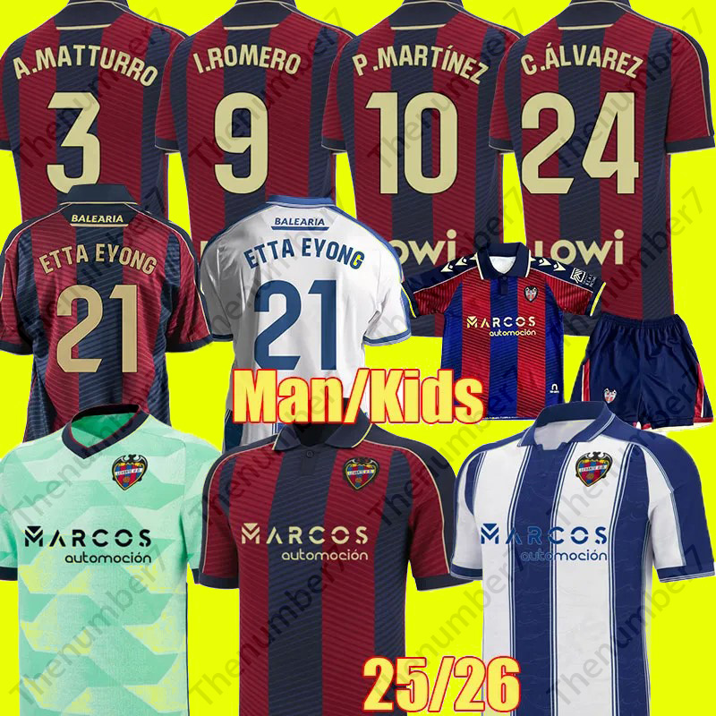 25 26 Levante UD Soccer Jersey ETTA EYONG Levante Jersey C.Alvarez A.J.Morales C.ESPI I.ROMERO R.Brugue A .MATTURRO P.MARTINEZ camiseta de futbol Football shirt Men kids kit