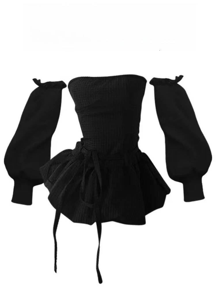 Bestseller 2025 Sexy Sleeveless Women Vintage Strapless Tops Slim Off Shoulder Fluffy Flower Shorts Sweet Spicy Two Piece Set Summer New ddmytues