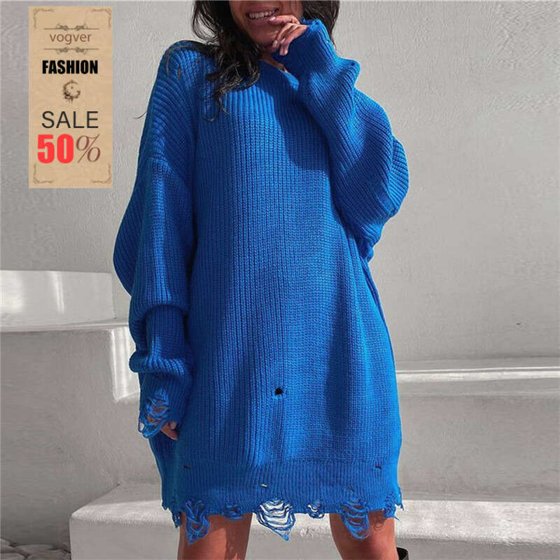 Women's Loose Pullover Sweater | Ripped Solid Color Round Neck Mid-Length Top | 2026 European American Trendy Weekend Outing