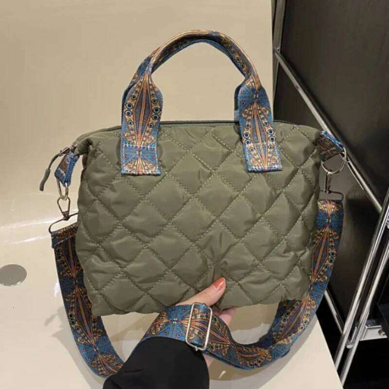 Women Wide Belt Handbag Fall/Winter Rhombus Space Cotton Shoulder Large Capacity All-Match Shopping Tote Bag