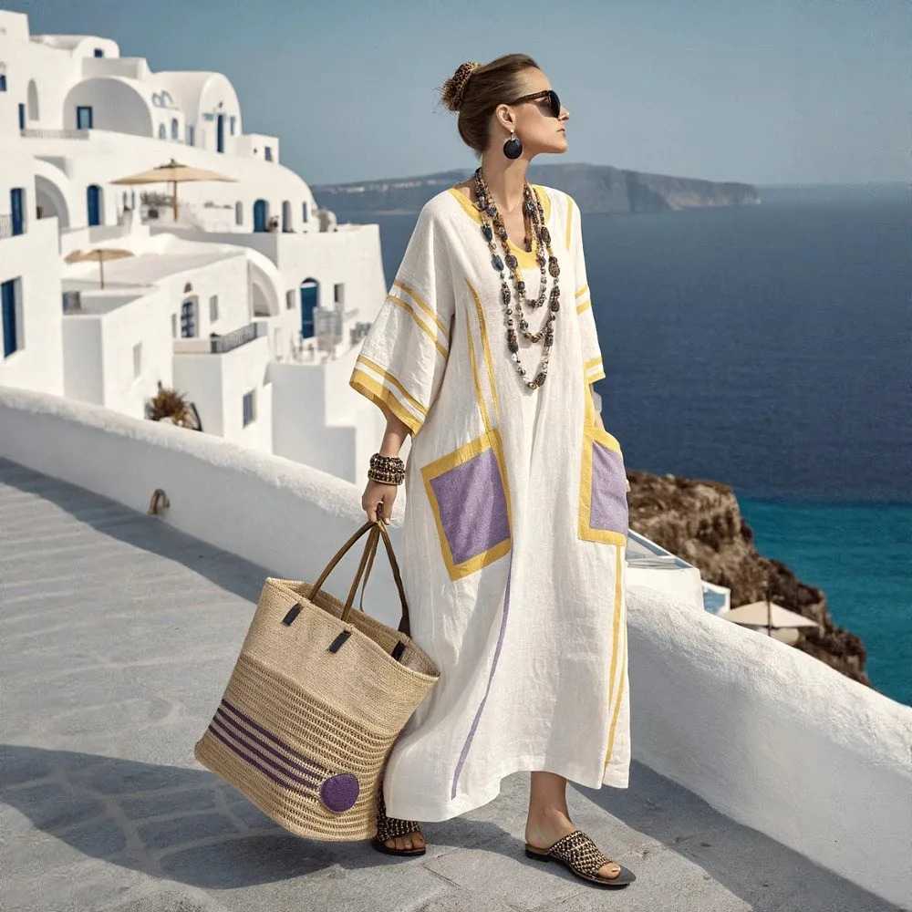 Summer Linen Printed Striped Loose Pocket Dress Womens Fashion Casual Elegant Women Beach Vacation Short Sleeved Sway Dress 260104