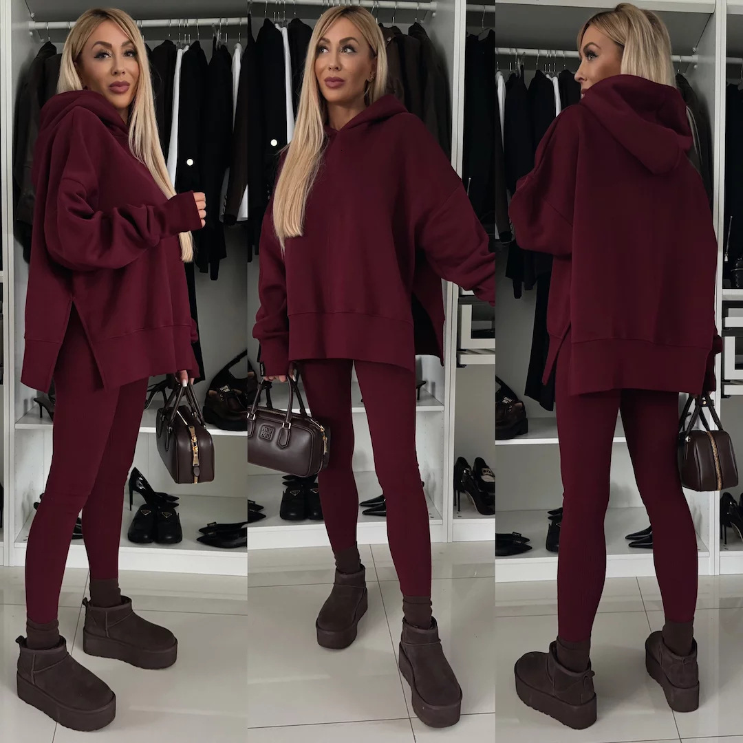 2025 Autumn Winter New European and American Cross-Border Women's Casual Loose Solid Color Printed Hoodie Set