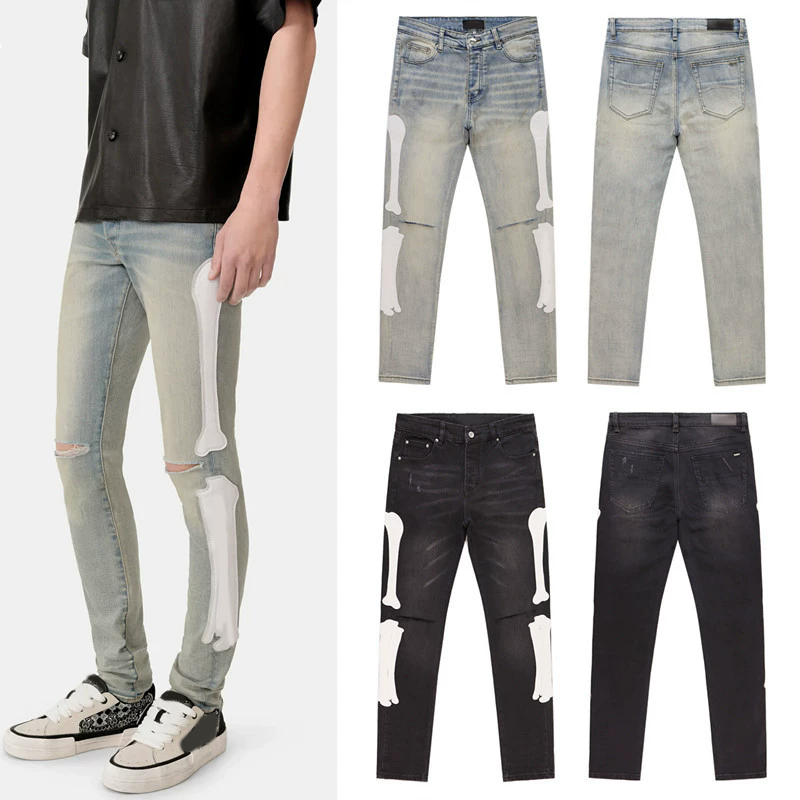 Y2k Men's Jeans Hip-Hop Bones Embroidery Slim Fit Jeans Streetwear Ripped Rock Revivals Denim Pants Distressed Casual Pants Men's Clothing