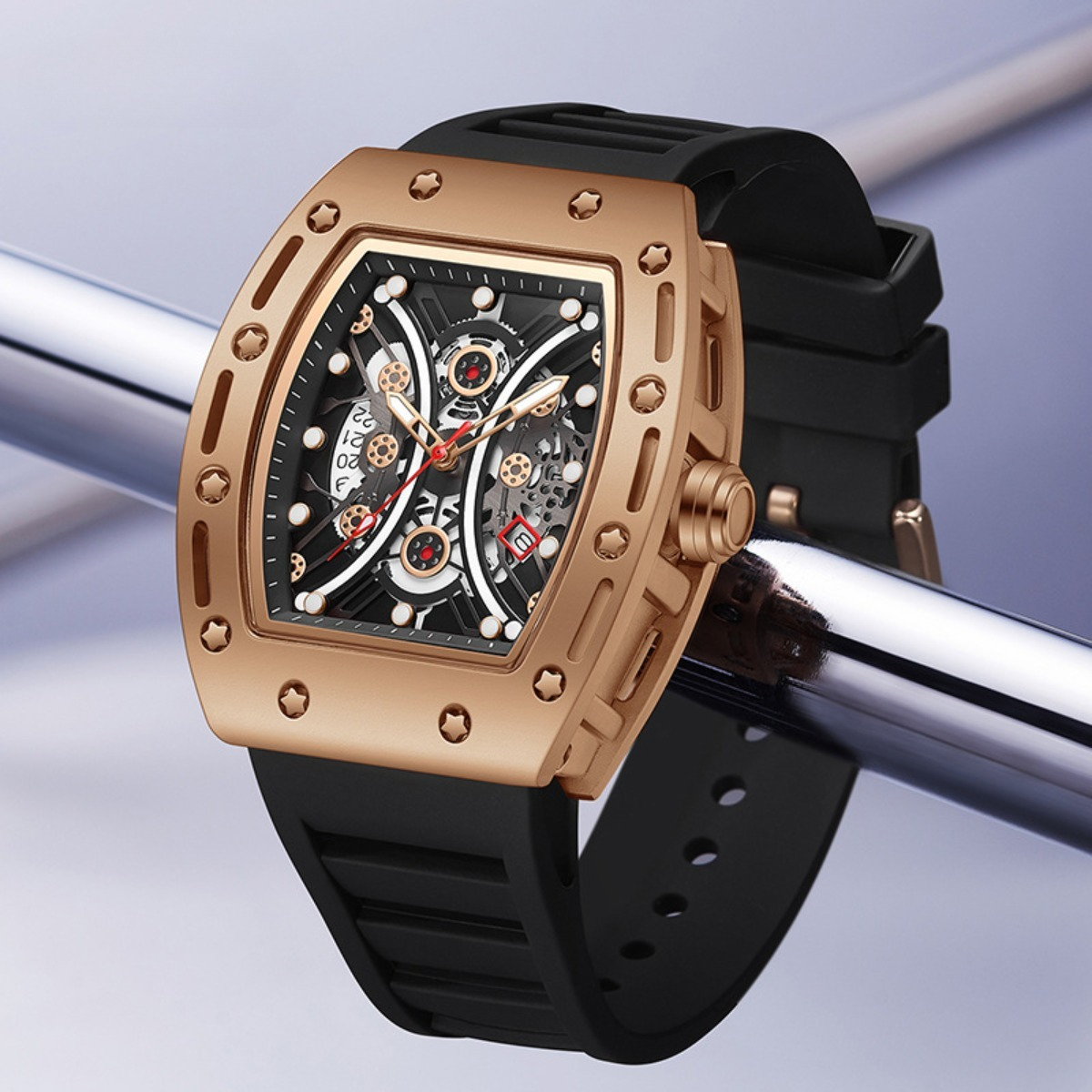 2025 Luxury Watch Men Tonneau Waterproof Multi-Function Watch Hollow Calendar Silicone Strap Watch Original Watch Design Watch Factory Direct Sales