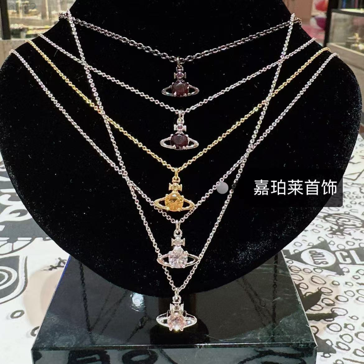 Designer Vivianes Jewelry Weswoods High-Quality Empress Dowager Four-Claw Large Zircon Saturn Necklace Exquisite High-End Simple Planet Sweater Chain