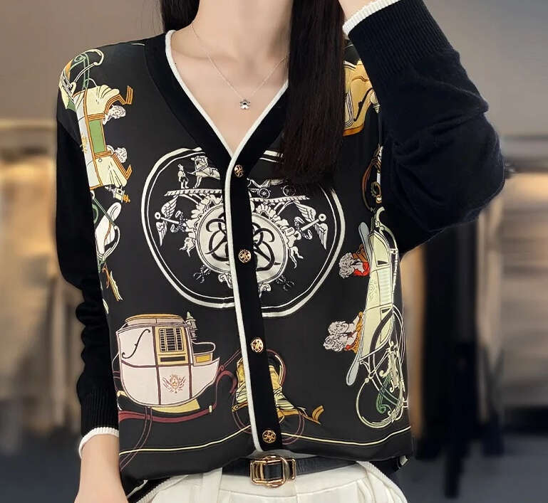 Spring and Summer Real Silk Wool Splicing Knitt Cardigan Women's Wide V-Neck Coat Top Fashion Jacket Satin Printed Thin Sweater - view 5