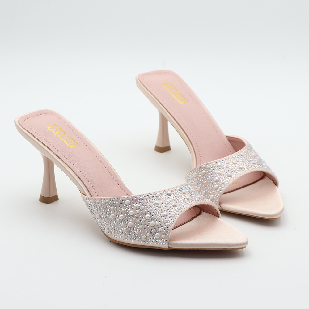 New Design Slippers Summer New Style Silk Satin rhinestone Fine Heel Pointed one-strap sandals for women, Free shipping