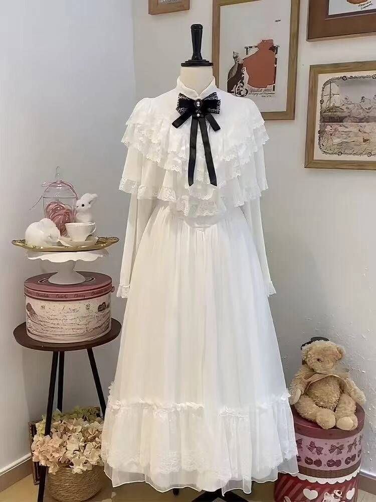 Bestseller Japanese Short Sleeve Bow Lace Dress White Slim Maxi Skirt Sweet Style 2025 Autumn Daily Date Outfit Women Elegant Casual Wear ddmytues