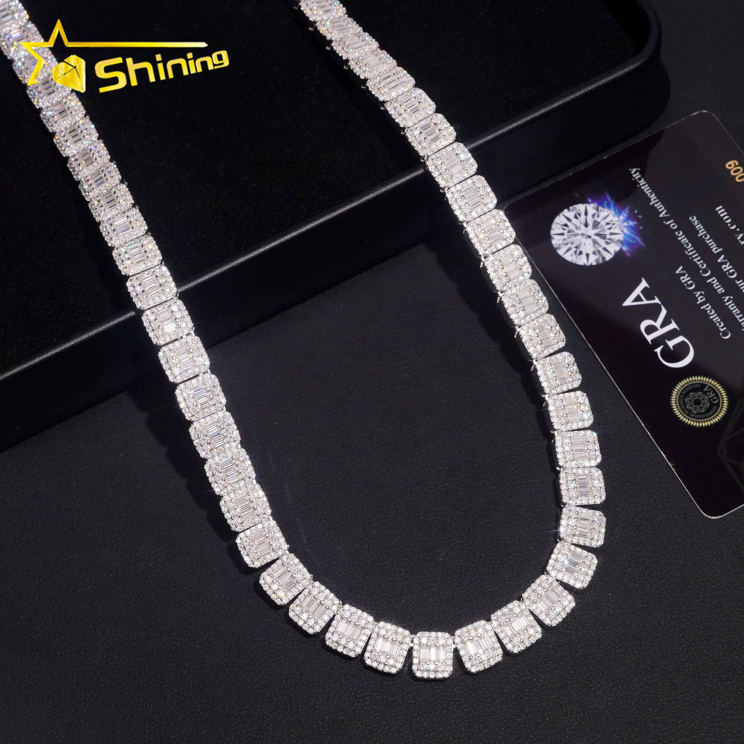 Luxury Baguette Sterling Silver 925 Iced Out Diamond Men Necklace Vvs Moissanite Hip Hop Jewelry Cluster Tennis Chain