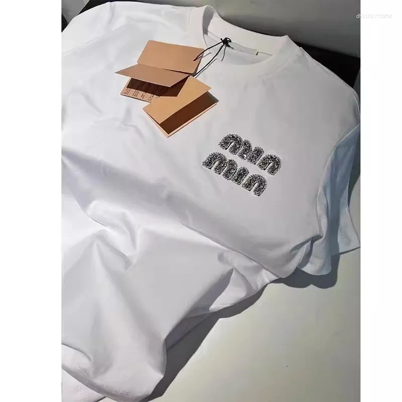 Women's T Shirts Heavy-Embroidered Diamond Letter White Short-Sleeve T-Shirt Women Summer Of The Season Loose Casual Shoulder-Bea...