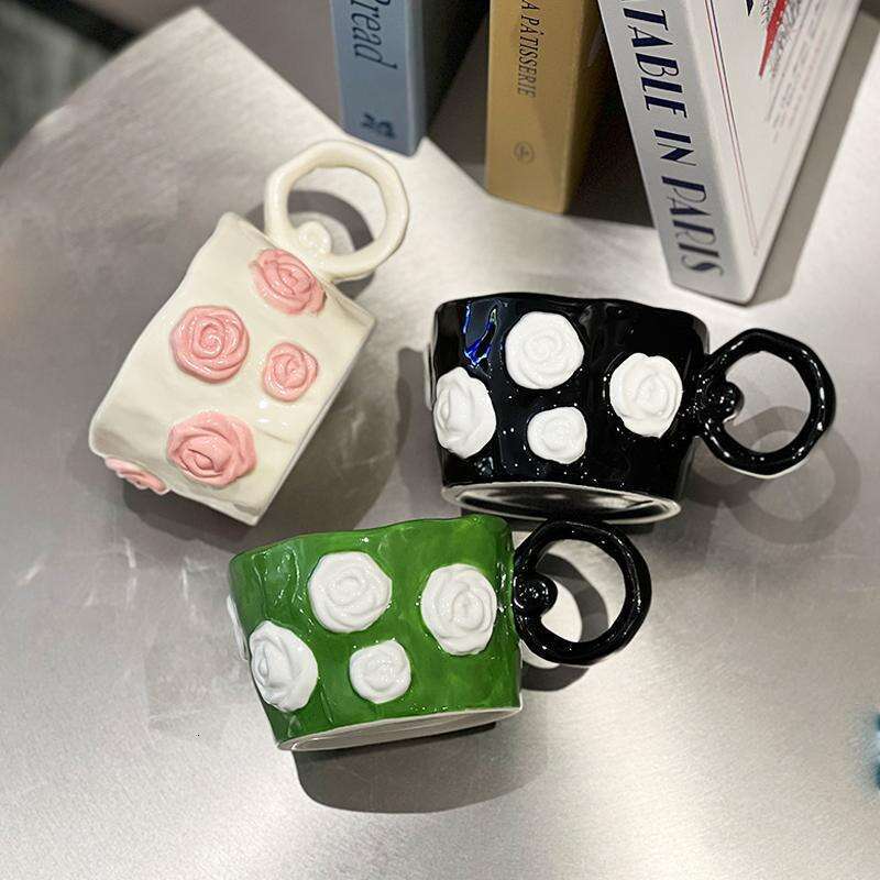 Couple's Mugs Gifts Souvenirs Rose Patterned Ceramic Cups For Women Exquisite Girly Style 3D Hand Painted Relief Design