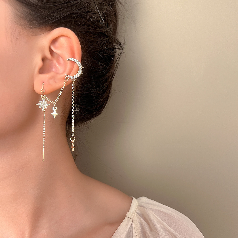 Splash River Long Tassel Thread Cuff for Women Fashionable Light Micro Inlaid Zircon Ear Clip No Piercing Star Moon