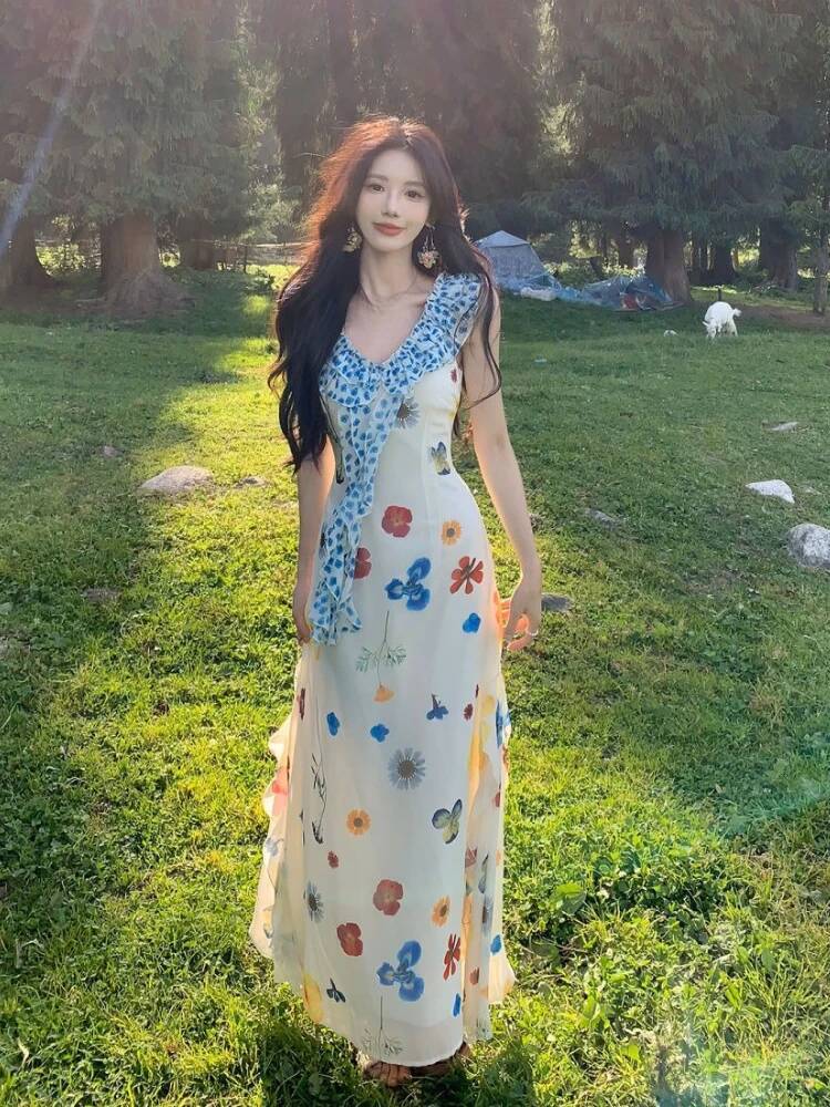 Bestseller Elegant Vintage Y2k Printed Women Dress Dopamine Skirt Slim Fit French Fashion Kawaii Outfit 2025 Summer New Clothing ddmytues