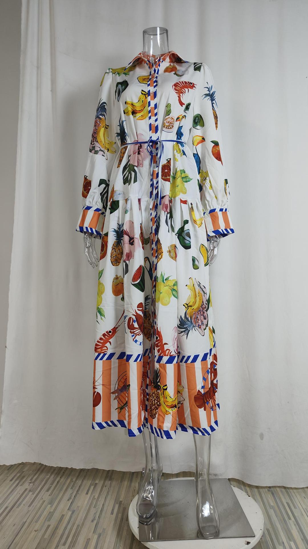 High quality short sleeved lapel with waistband and slim single breasted A-line printed shirt dress elegant large hem long skirt