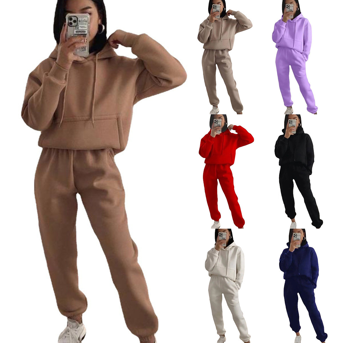 2025 Foreign Trade European and American Hot-Selling Casual Hooded Long-Sleeve Pocket Sweatshirt Solid Color Sports Two-Piece Set
