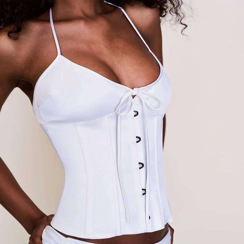 Women Solid Halter Neck Camisole Bodysuit Underwear Summer Front Button Corset Crop Tops Sexy Nigh Out Backless Tie Up Vest