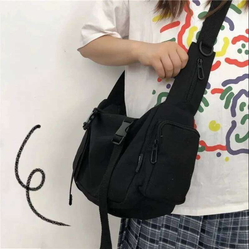 Black Crossbody Bags Women Design Pockets Canvas Large Capacity Tote Dark Academia Retro Cross-body Bag Unisex BF Japanese Style